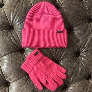 Pink Ribbed Beanie and Gloves Set